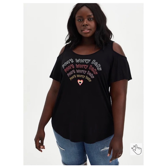 NEW Torrid 5 Super Soft Don’t Worry Black Cold Shoulder Tee - Picture 1 of 9
